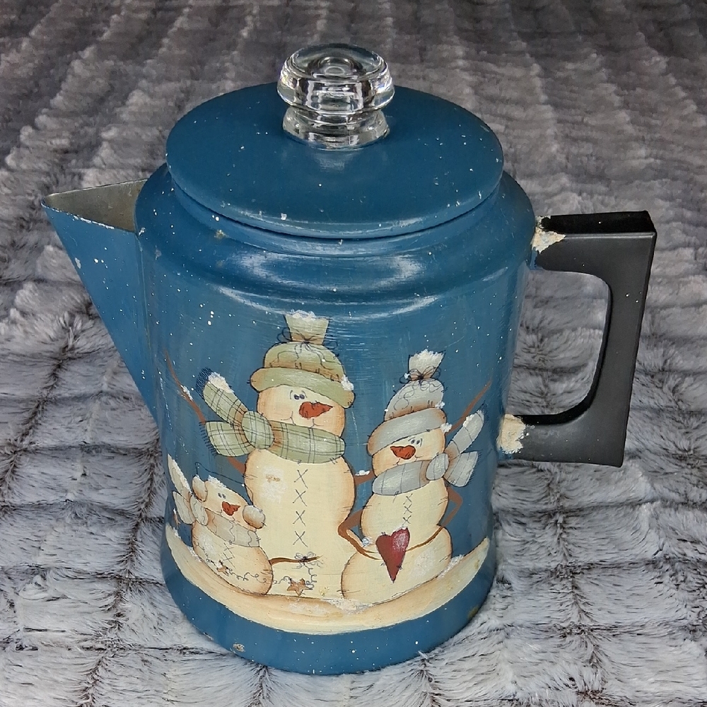 Handpainted Festive Snowman Vintage Comet Stovetop Percolator Coffee Maker Decor